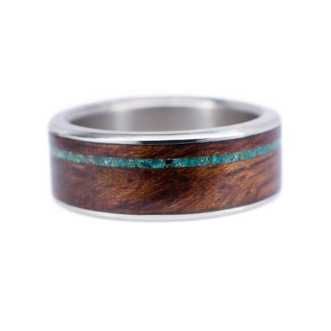 Wood Inlay Wedding Ring In Titanium Bubinga And Chrysocolla