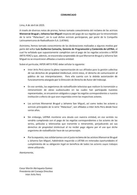 Pataclaun Inter Artis Per Desmiente A Latina Sobre El Pago De Regal As A Actores Y Aclara Que