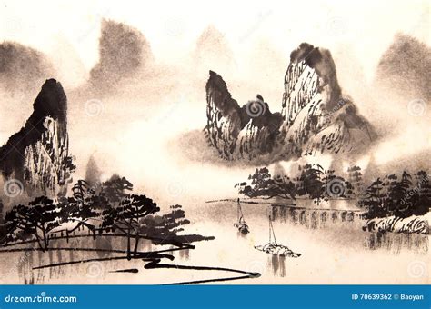 Pintura China De La Acuarela Del Paisaje Stock de ilustración