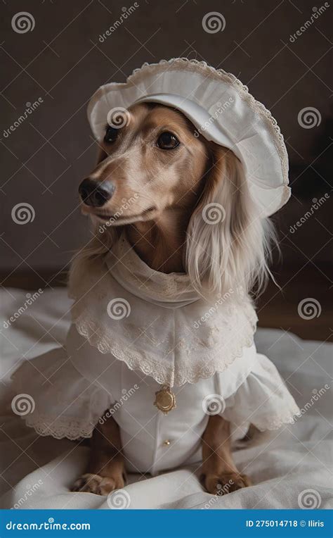 Beautiful Cute Long Haired Golden Dachshund Wearing White Dress Ai