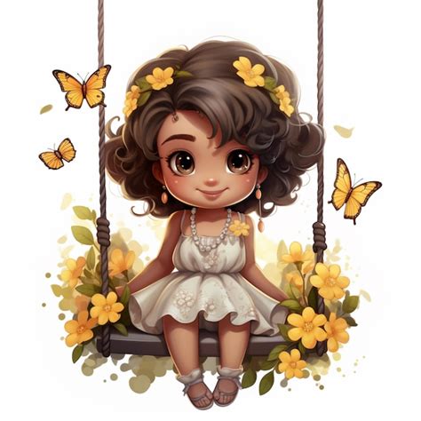 Premium AI Image Cartoon Girl Sitting On A Swing With Flowers And