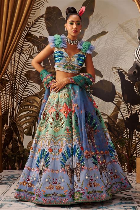 Buy Blue Imported Satin And Organza Print Embroidery Floral Lehenga