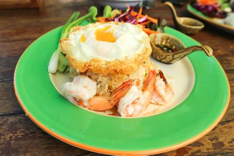 Fried Rice Stir Fried Rice With Shrimp And Sunny Side Up Egg Stock