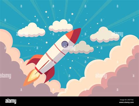 A Rocket Flies Through The Clouds Into Space Vector Illustration Space