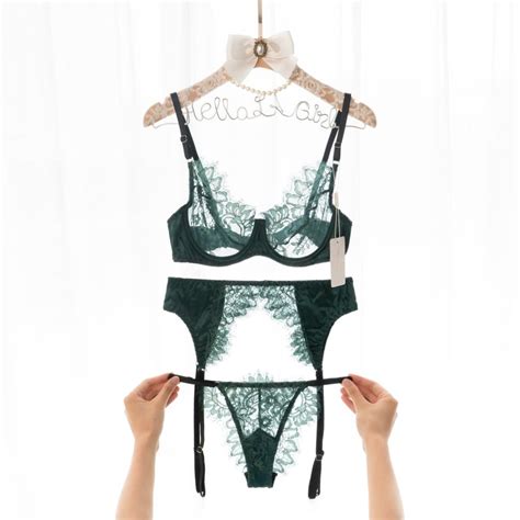 Dark Green Satin Lace See Through 3pc Lingerie Set With Garter Etsy