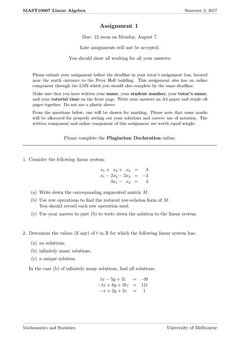 Lin Alg Assignment 1 2017 S2 MAST10007 Linear Algebra Semester 2