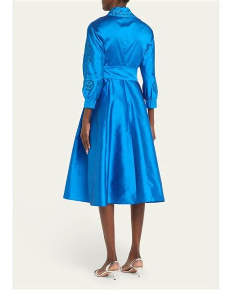 Teri Jon Eyelet Collar And Sleeve Taffeta Shirtdress In Blue Lyst