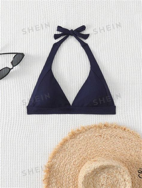 Shein Swim Womens Solid Color Halter Neck Tie Sexy Swimwear Bikini Top