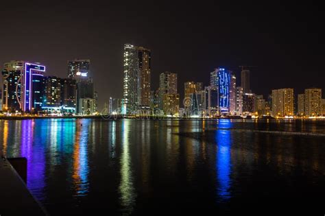 Night view of Sharjah stock image. Image of building - 229929861