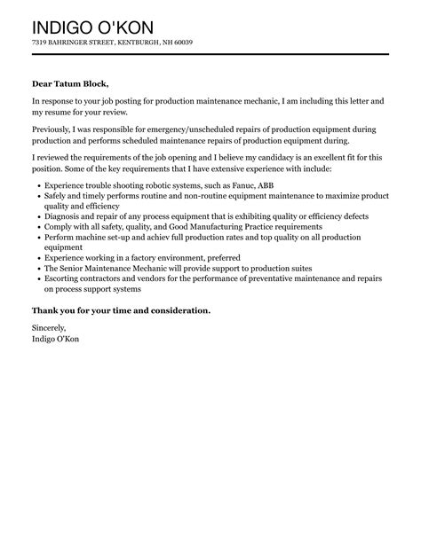 Production Maintenance Mechanic Cover Letter Velvet Jobs