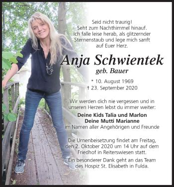 Anja Schwientek Traueranzeige Trauer Infranken De