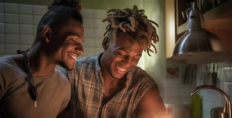 Feliz Y Sexy Pareja Gay Joven Cocinando Comida Juntos En Casa Foto Premium