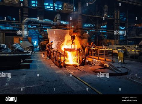 Metal Cast Process In Blast Furnace In Metallurgical Plant Or Factory