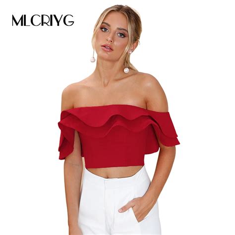 Mlcriyg Summer New Women Tops Fashion Off Shoulder Ruffle Blouse Short Sleeve Slash Neck Sexy