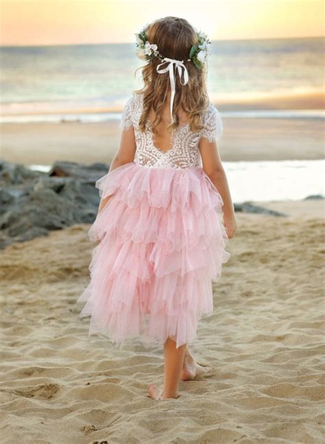 A Line Scoop Neck Short Sleeves Lace Tulle Flower Girl Dresses With