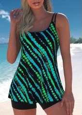 ROTITA Contrast Binding Black Multi Stripe Print Tankini Set Rotita