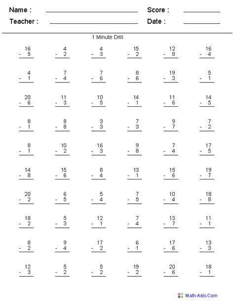 Free Math Drills Addition And Subtraction