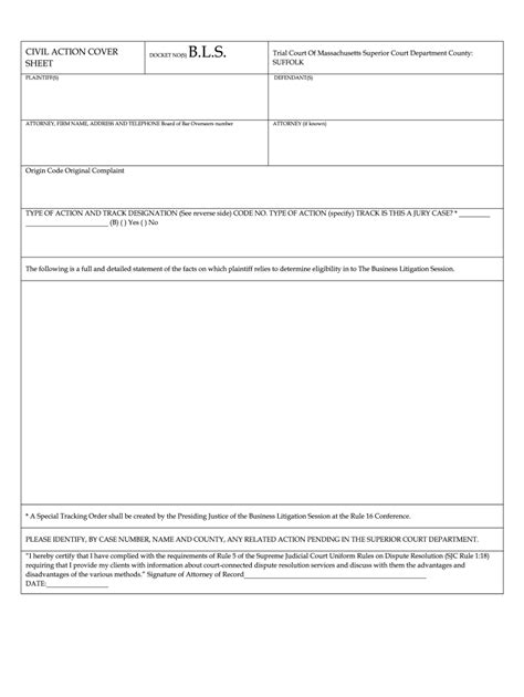 Ma Civil Action Cover Sheet Complete Legal Document Online Us Legal