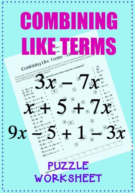 Combining Like Terms Line Puzzle Activity Combining Like Terms One Step Equations Seventh