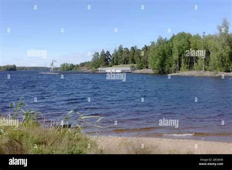 Swimming pool with diving tower in Saimaa lake at the Myllysaari family ...