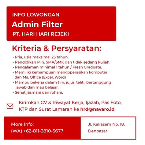 Lowongan Kerja Sebagai Admin Filter Teknisi Untuk PT Hari Hari Rejeki