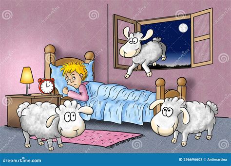 Illustration Of Sheep Jumping Over Bed Of A Sleepless Man Stock