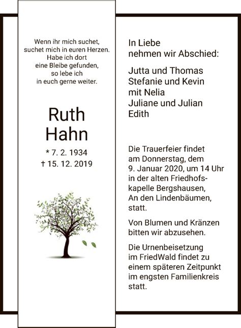 Traueranzeigen Von Ruth Hahn Trauer Hna De