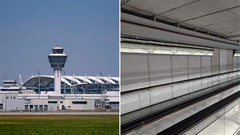 Warum hängen hier Spiegel am Flughafen Frau ratlos am Münchner Airport