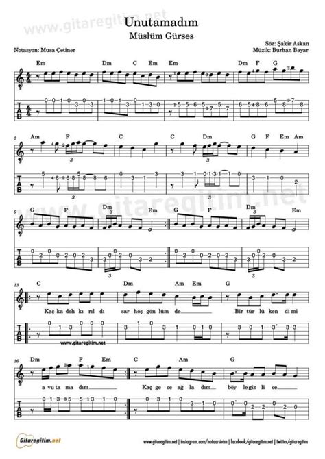Müslüm Gürses Unutamadım Gitar Nota Tab Gitareğ