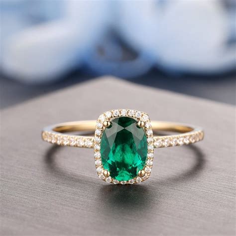 Art Deco Halo Wedding Ring X Mm Oval Cut Lab Created Emerald Etsy