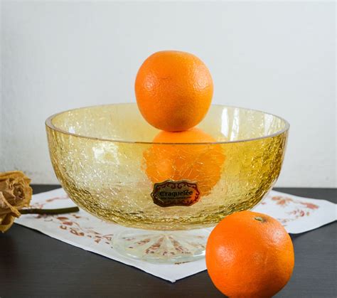 Fruit Pedestal Bowl Amber Crackle Glass Footed Centerpiece Pedestal Candy Dish Large Art Ice