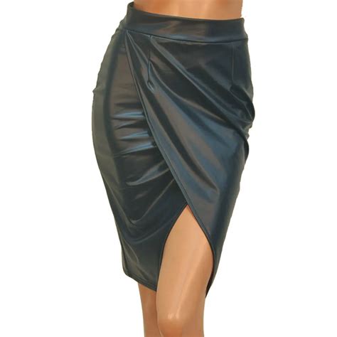 New Arrival Sexy Women Pu Leather Skirts Knee Length Fashion High Waist