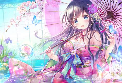 Anime Emori Miku Momo Moyon Cherry Blossom Umbrella Bare Shoulders Flowers Blue Eyes