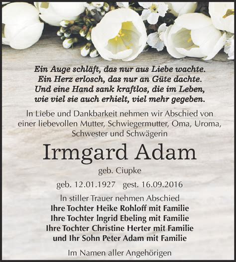 Traueranzeigen Von Irmgard Adam Abschied Nehmen De