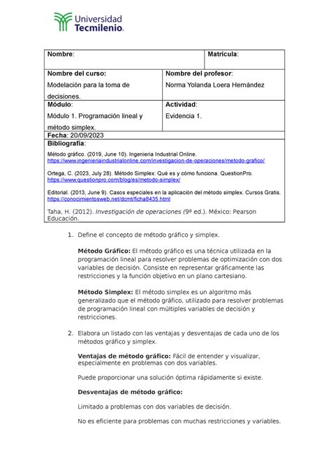 Evidencia Modelaci N Para La Toma De Decisiones Nombre Matr Cula