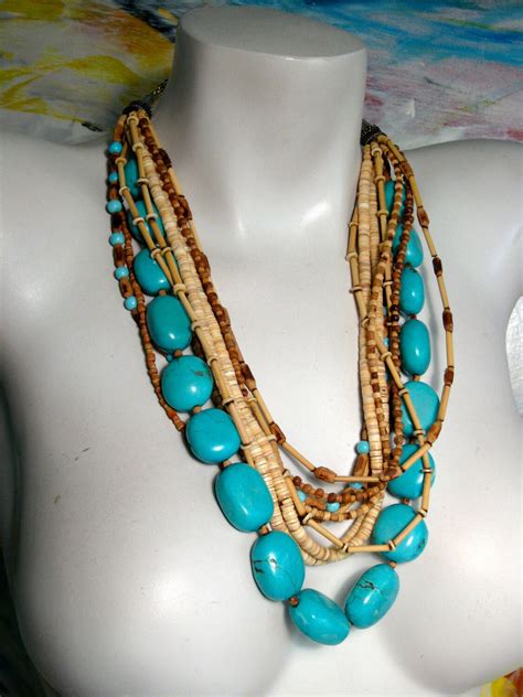 Chunky Multi Strand Necklace Turquoise Nuggets Wood Etsy