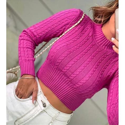 Blusa Tricot Feminina Cropped Tran A Tric Manga Longa Escorrega O Pre O