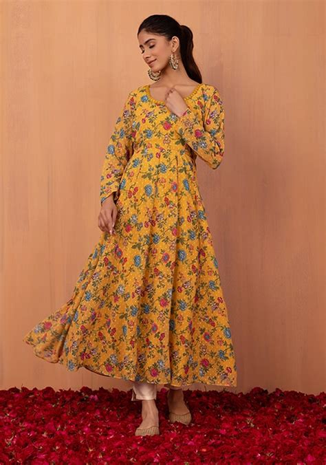 Buy Women Mustard Yellow Floral Print Anarkali Kurta Rtw Indya Canada