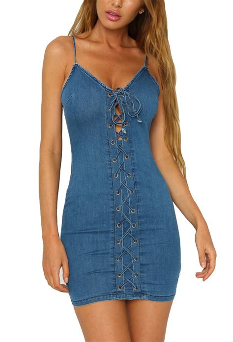 Women S Adjustable Spaghetti Straps Stretch Sleeveless Denim Dress