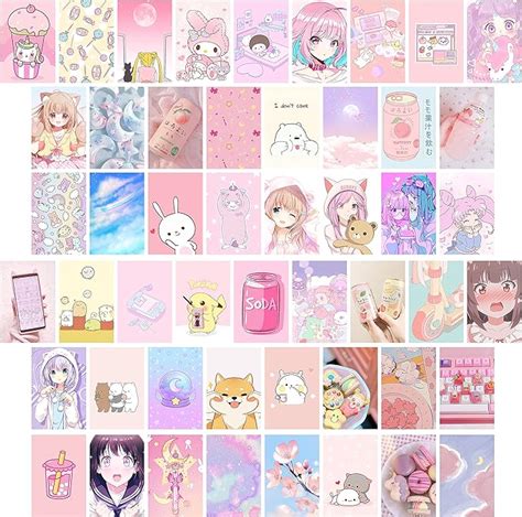 50pcs Kawai Anime Aesthetic Picture Wall Collage Kit Pink Cartoon Assembled Print Card Set