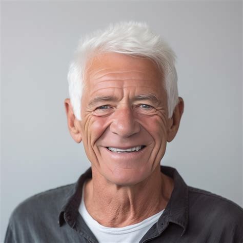 Premium Ai Image Man With Gray Hair Smiling On A Gray Background
