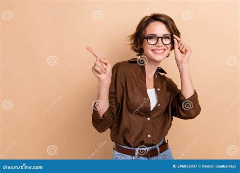 Portrait Of Cheerful Girl With Bob Hairstyle Wear Stylish Shirt Touch