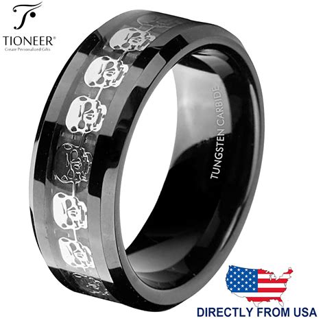 Tungsten Carbide Wedding Band Ring Silver Skull Skeleton Inlay Comfort