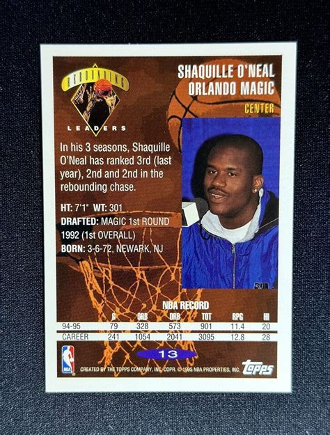 1995 96 Topps Shaquille ONeal 13 Leaders Shaq Basketball Card Orlando