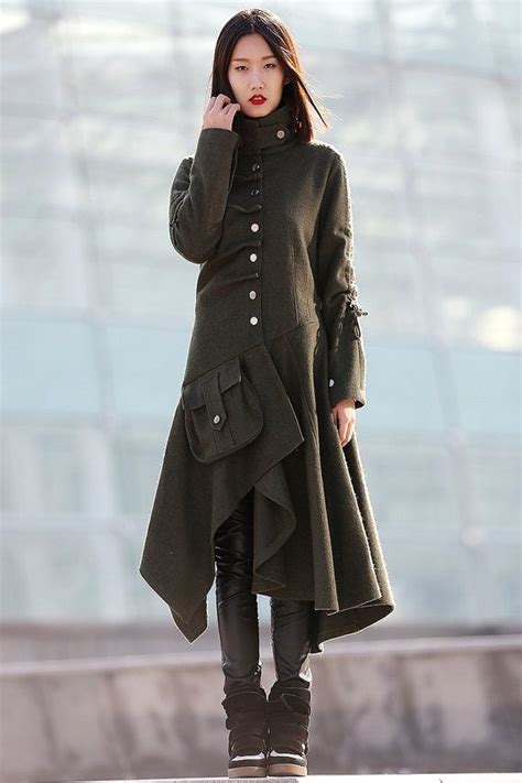 Army Green Modern Coat Unique Contemporary Designer Mid Length Wool