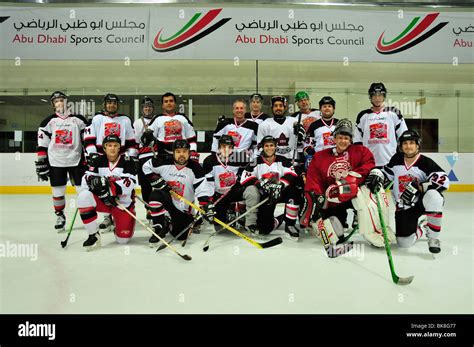 Ice hockey team The Abu Dhabi Scorpions in the ice hockey stadium, ice ...