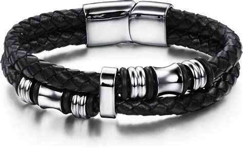 Lavumo Braided Leather Mens Bracelet Stainless Steel Bangle