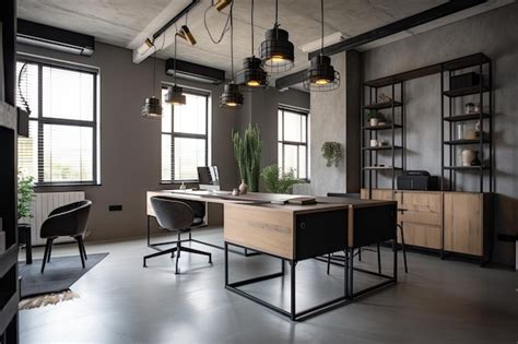 Premium AI Image | An office with industrial furniture and sleek modern ...