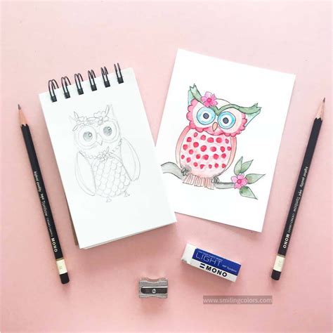 Easy Owl Drawing in 4 steps + VIDEO TUTORIAL - Smiling Colors