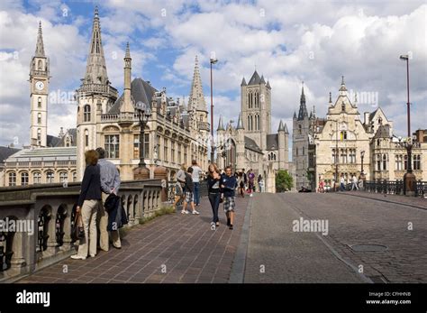 Horizontal Wide Angle View Of Ghent S Skyline From Sint Michielsbrug